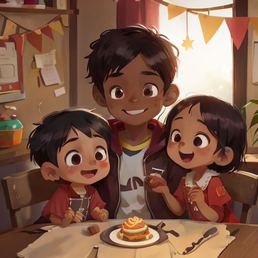 a man and two children sitting at a table with a cake on it and a cup of coffee in front of them