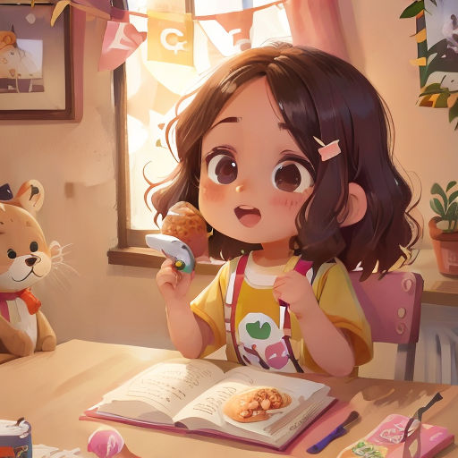 a little girl eating a donut while sitting at a table with a teddy bear and a book in front of her