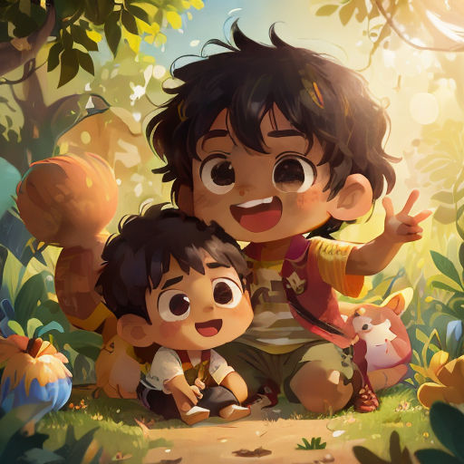a couple of kids sitting on top of a lush green field next to a forest filled with trees and mushrooms