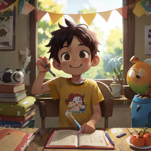a boy sitting at a table with a book and a pen in his hand and a teddy bear in the background