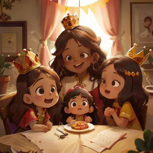 a group of children sitting around a table with a plate of food on it and a crown on top of the head