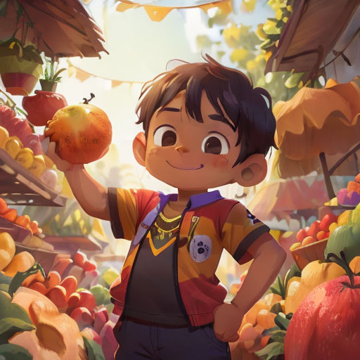 a boy holding an orange in a fruit stand with other fruits in the background and a banner with a banner that says,