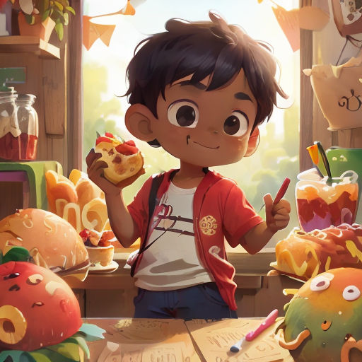 a boy eating a sandwich and holding a fork in his hand while standing in front of a table full of food