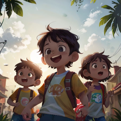 a group of children standing next to each other in front of a tree and sky with clouds in the background
