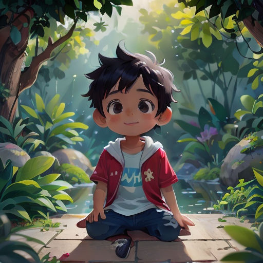 a boy sitting on a wooden platform in the middle of a forest with a pond and trees in the background
