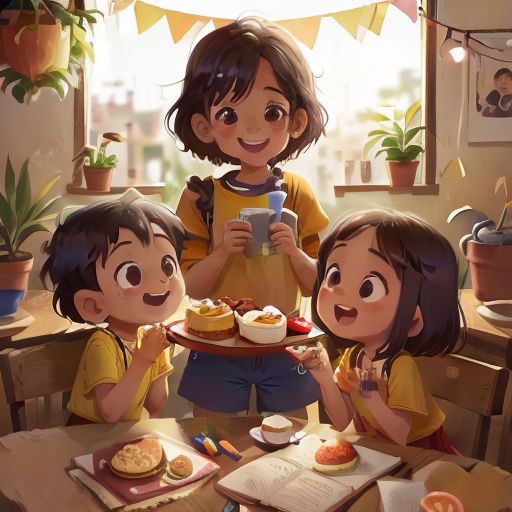 a group of children sitting at a table eating food and drinking coffee and looking at a cell phone and taking a picture