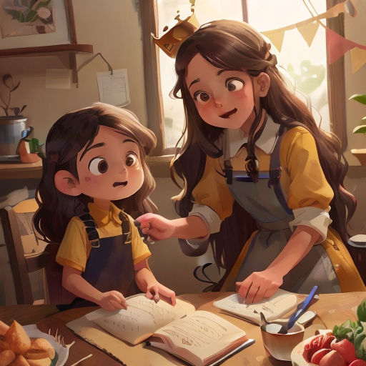 a couple of kids that are standing in front of a book and a bowl of food on a table