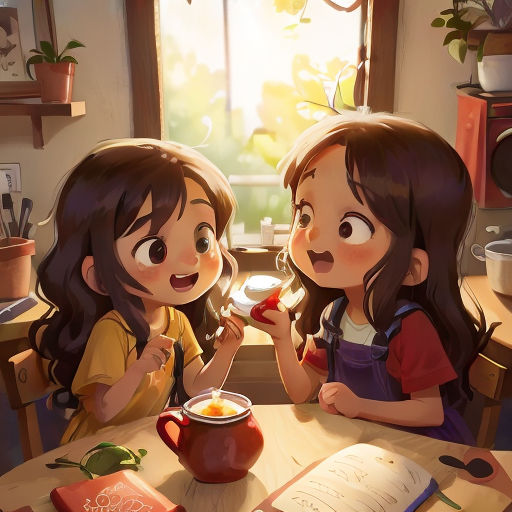 two girls eating breakfast at a table in a kitchen with a book and a cup of coffee in front of them