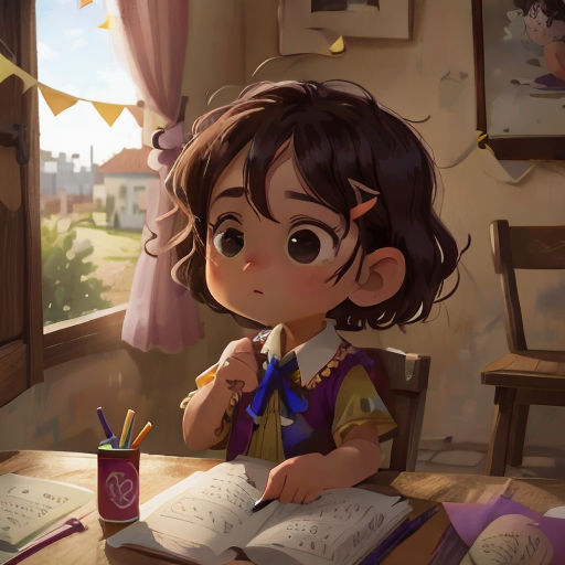 a little girl sitting at a desk with a book and pencils in her hand and a cup of coffee