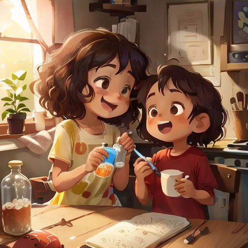 a couple of kids standing next to each other at a table with a cup of coffee and a spoon