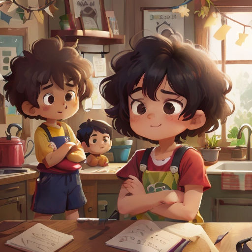 a boy and a girl standing in a kitchen with a book on the table and a boy looking at a book