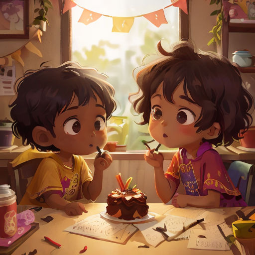 two children sitting at a table eating cake and writing on a piece of paper with a marker in their mouth