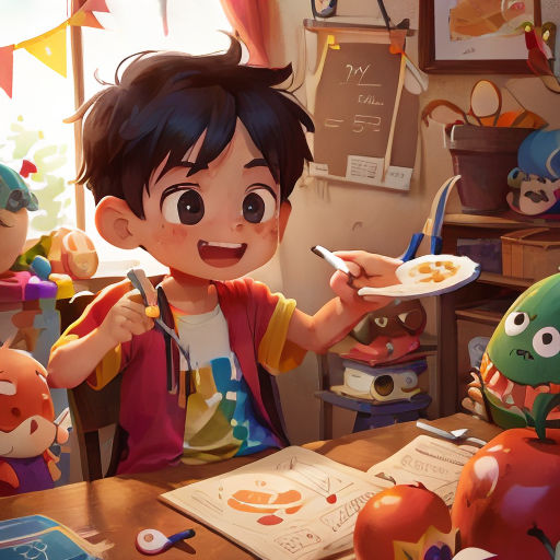 a boy eating a plate of food with a fork and knife in his hand while other toys and toys are around him