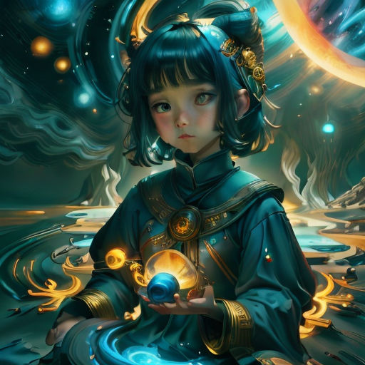 a girl holding a crystal ball in her hands and a crescent in the background with a crescent in the sky
