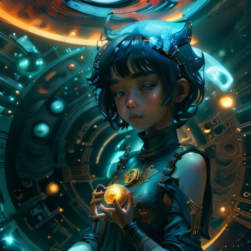 a woman holding a ball in her hand in front of a clock and a circular object in the background