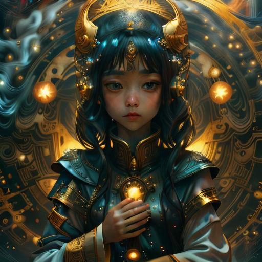 a girl in a costume holding a glowing light in her hands with a steampunky background and a circular design