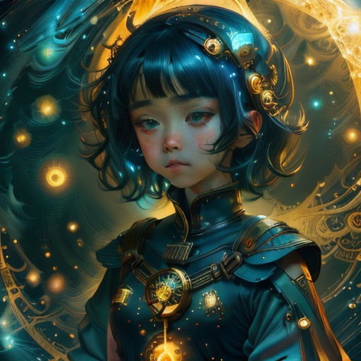 a girl with a blue hair and a gold helmet on her head and a glowing orb in her hand