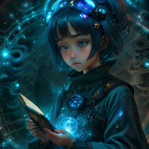 a girl with a book in her hands and a glowing light in her hair, standing in front of a circular background