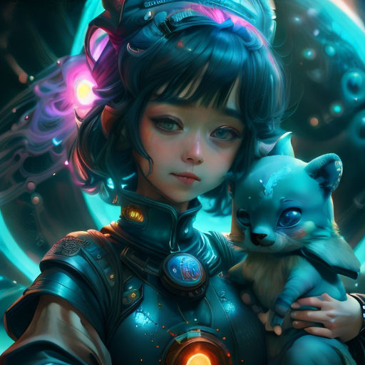 a girl holding a small blue animal in her arms and a glowing light in her hair, with a futuristic background