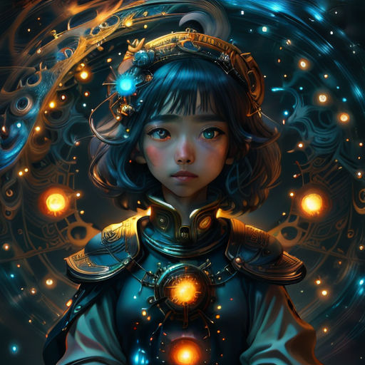 a girl with a glowing head and a glowing light in her hand, standing in front of a circular background