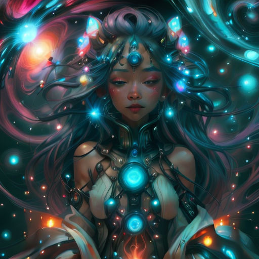 a woman with a futuristic body and glowing lights around her head and hands, with a blue and red background