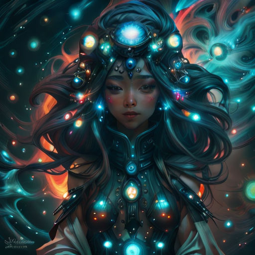 a woman with a glowing head and body surrounded by lights and stars, with a glowing orb in her hair