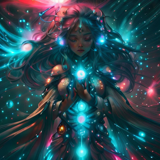 a woman with a glowing body surrounded by stars and lights in her hands, with her hands on her chest