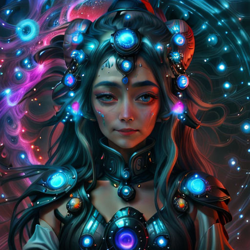 a woman with a strange head and glowing lights on her face, with a blue and pink background and a red circle around her