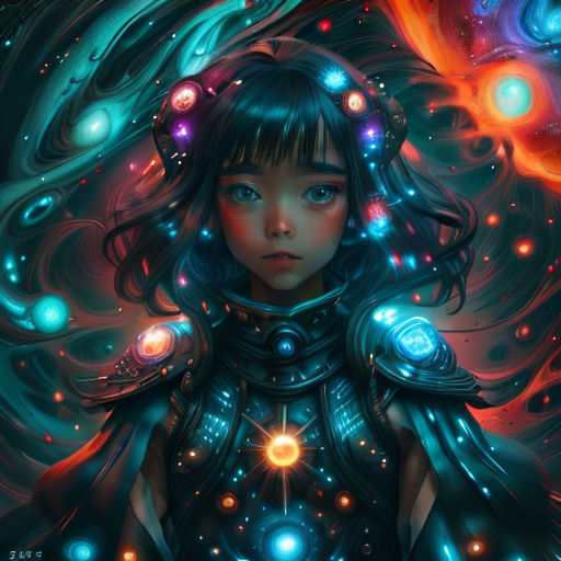 a girl with a space suit and a glowing orb in her hair, standing in front of a colorful background