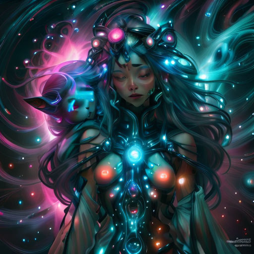 a woman with a cat on her chest and a cat on her shoulder, surrounded by stars and circles
