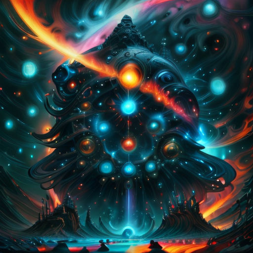 a painting of a tree with many different lights and shapes on it, and a person sitting on a bench