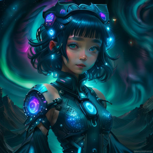 a woman with a futuristic outfit and glowing lights on her chest, standing in front of a night sky