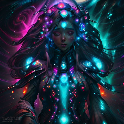 a woman with glowing hair and a futuristic outfit with glowing lights on her body and head, standing in front of a full moon