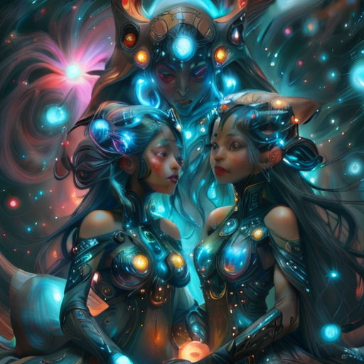 two women with blue hair and glowing lights in their hands, one of them is holding a sword and the other is holding a glowing light