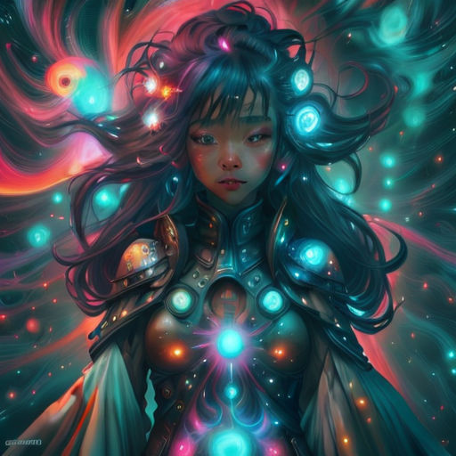 a woman with a glowing body and a glowing orb in her hand, surrounded by stars and circles, is shown in this fantasy painting