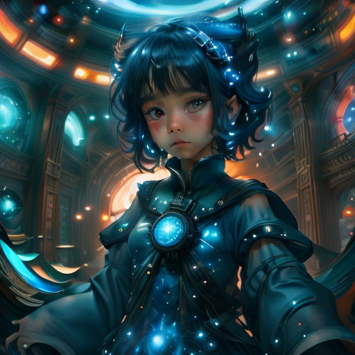 a girl in a futuristic suit with a clock in the background and a circular light above her head, in a futuristic setting