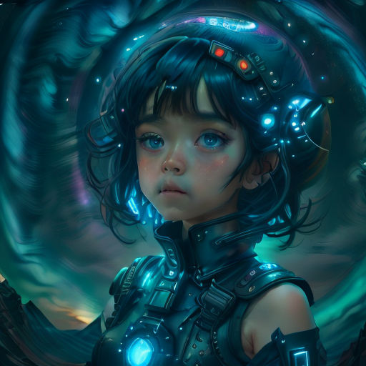a girl with a futuristic helmet and a futuristic light up headpiece in her hands, looking at the camera