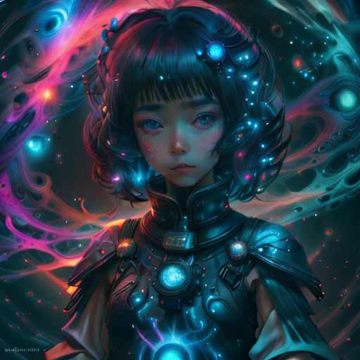a girl with a futuristic outfit and a glowing orb in her hair, standing in front of a dark background