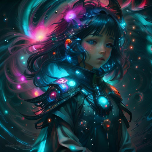 a girl with a futuristic headpiece and glowing hair, wearing a blue dress and a black jacket with a red and blue light on her chest