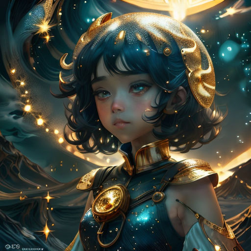 a woman in a costume with a star on her head and a crescent in the background with stars in the sky