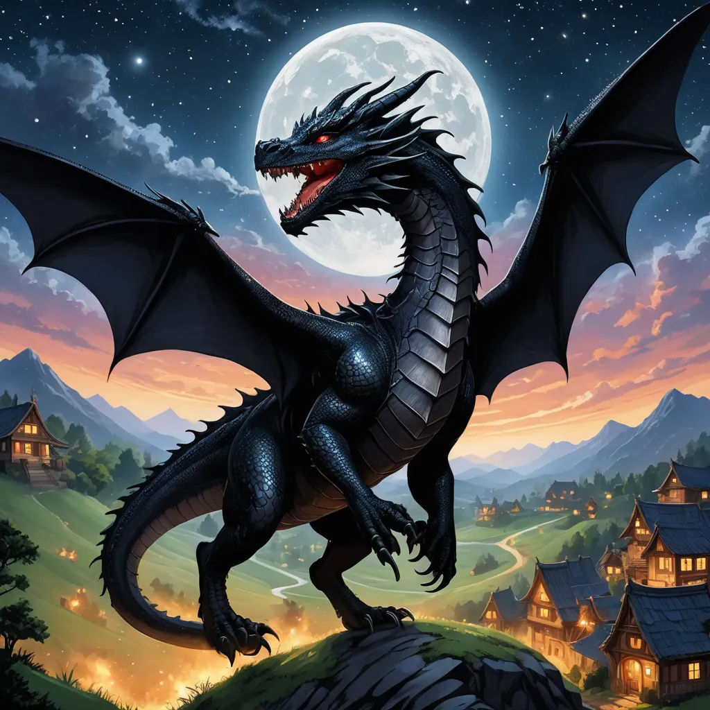 a dragon is standing on a hill with a full moon in the background and a village in the foreground, fantasy art, a storybook illustration, Anne Stokes, dragon art