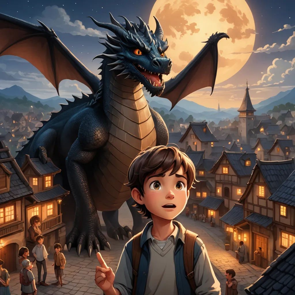 a boy pointing at a dragon on a city street with a full moon in the background and a full moon in the sky, fantasy art, a storybook illustration, Diego Gisbert Llorens, storybook illustration