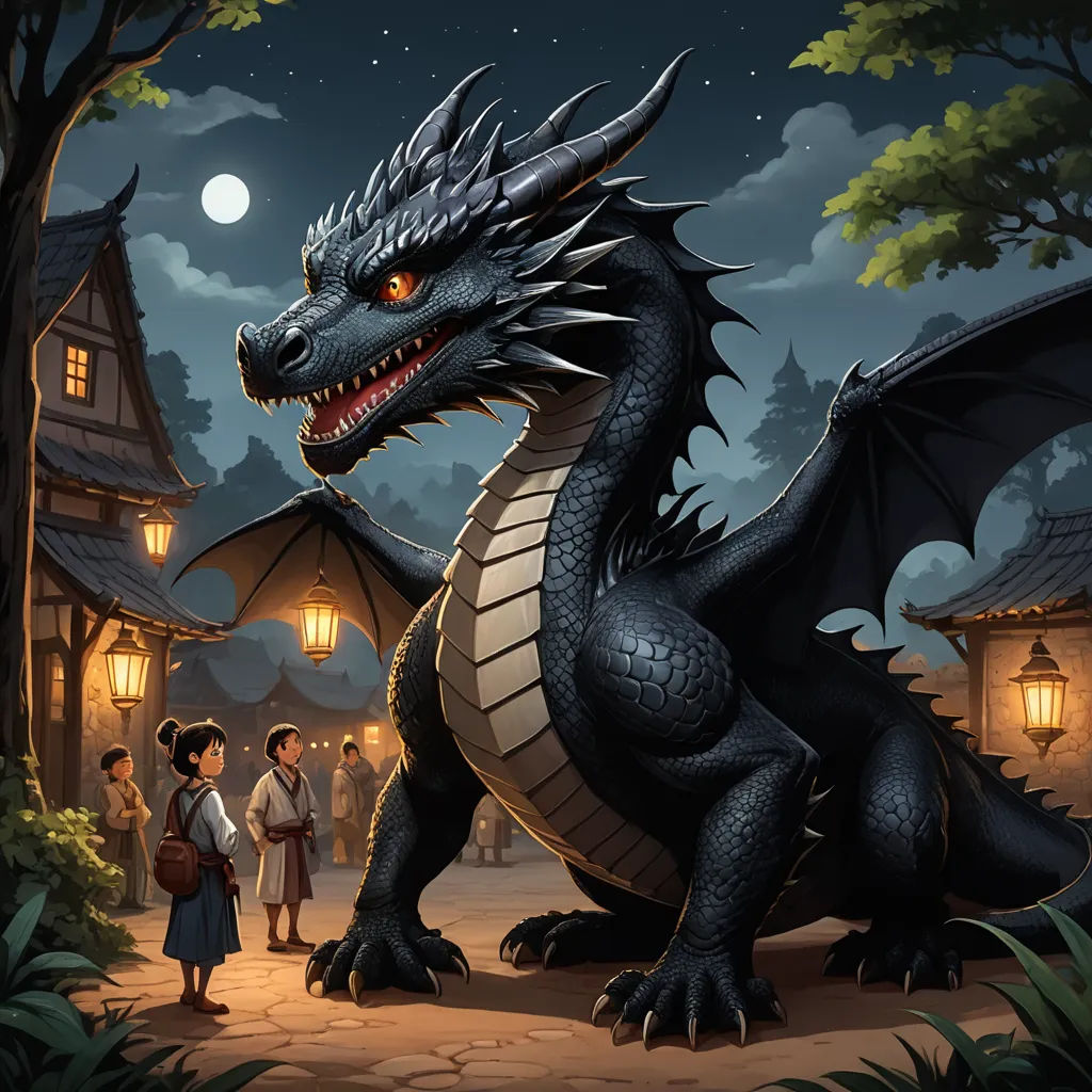 a dragon is standing in front of a house with people standing around it and a full moon is in the sky, fantasy art, a storybook illustration, Diego Gisbert Llorens, dragon art