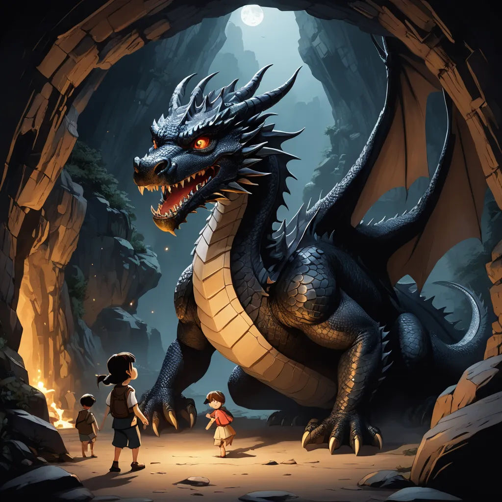 a dragon is standing in a cave with a boy and a girl looking at it and a boy standing next to it, fantasy art, a storybook illustration, Diego Gisbert Llorens, dragon art