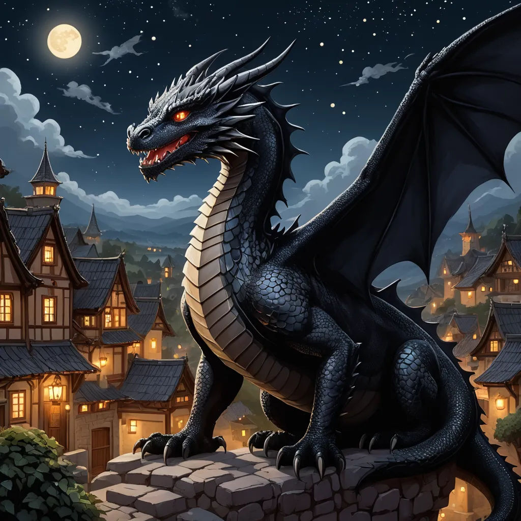 a dragon sitting on a rock in front of a castle at night with a full moon in the sky, fantasy art, a storybook illustration, Anne Stokes, dragon art