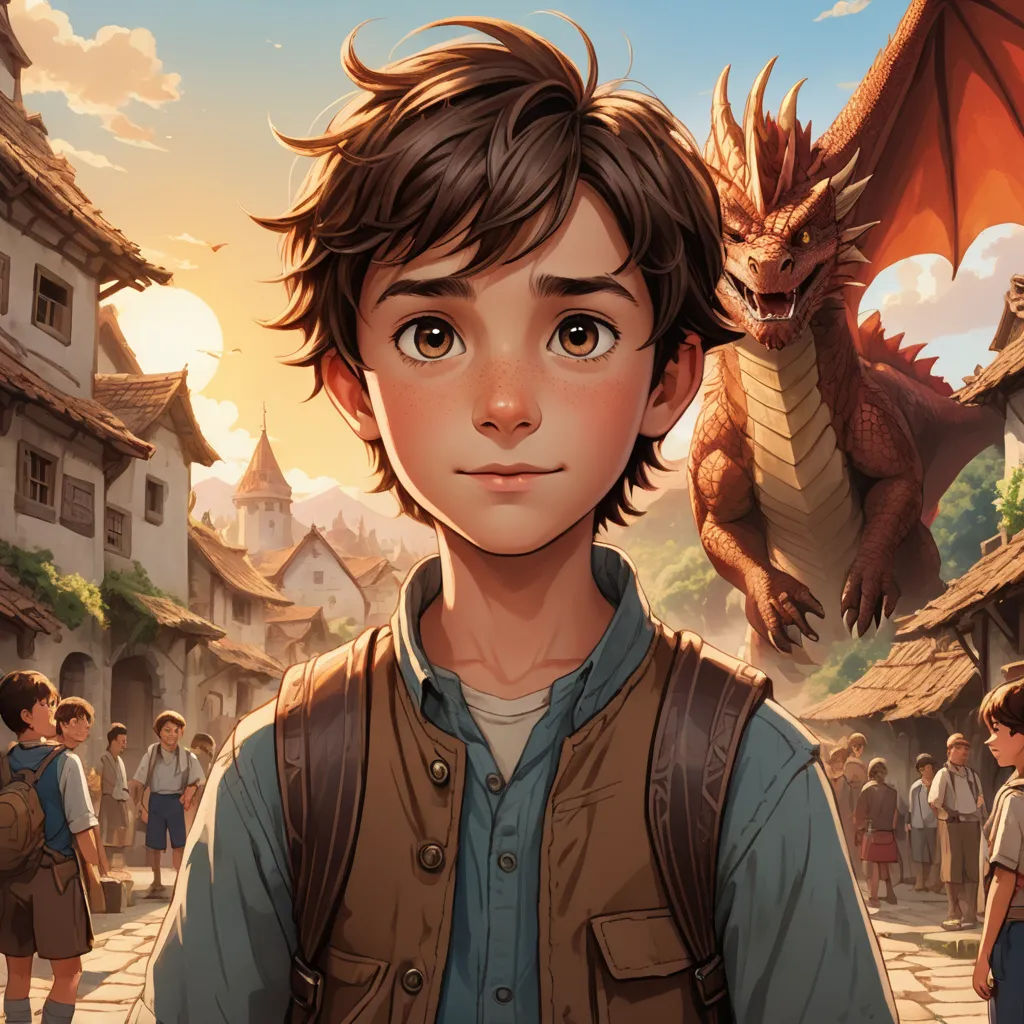 a boy with a backpack and a dragon on his shoulder in front of him and a group of people, fantasy art, a storybook illustration, Clint Cearley, rossdraws global illumination