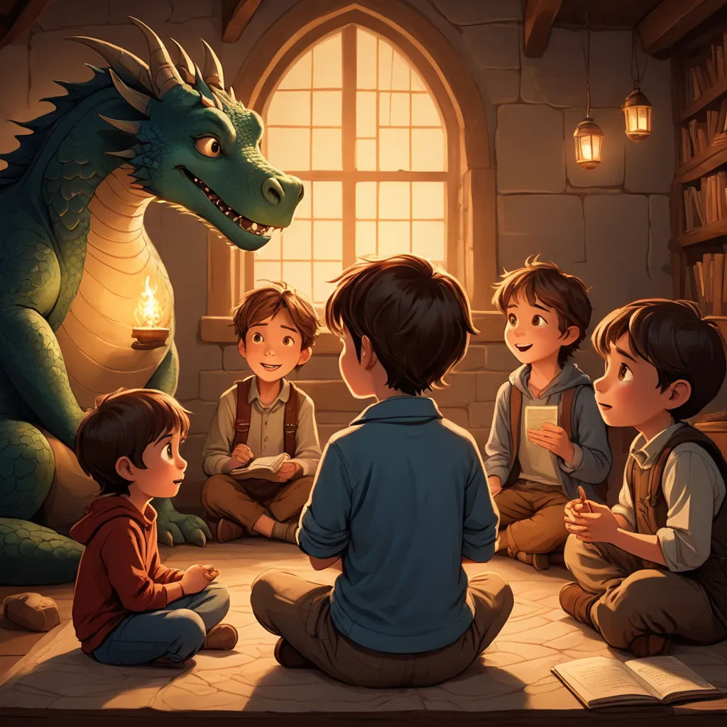 a group of children sitting around a dragon in a room with a window and a book shelf on the floor, fantasy art, a storybook illustration, Diego Gisbert Llorens, storybook illustration