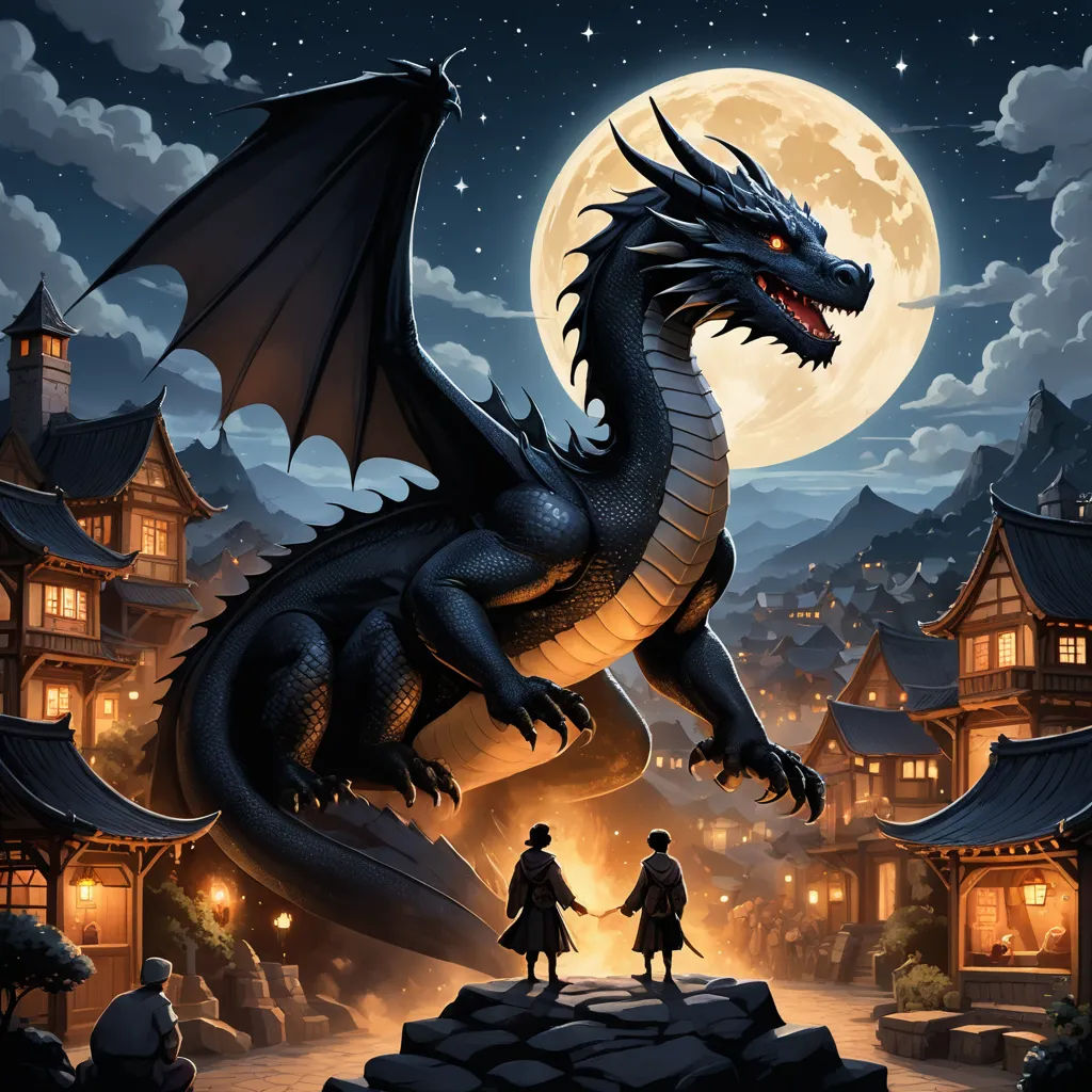 a dragon and a man standing in front of a full moon with a full moon in the background and a castle in the foreground, fantasy art, a storybook illustration, Dan Mumford, dragon art
