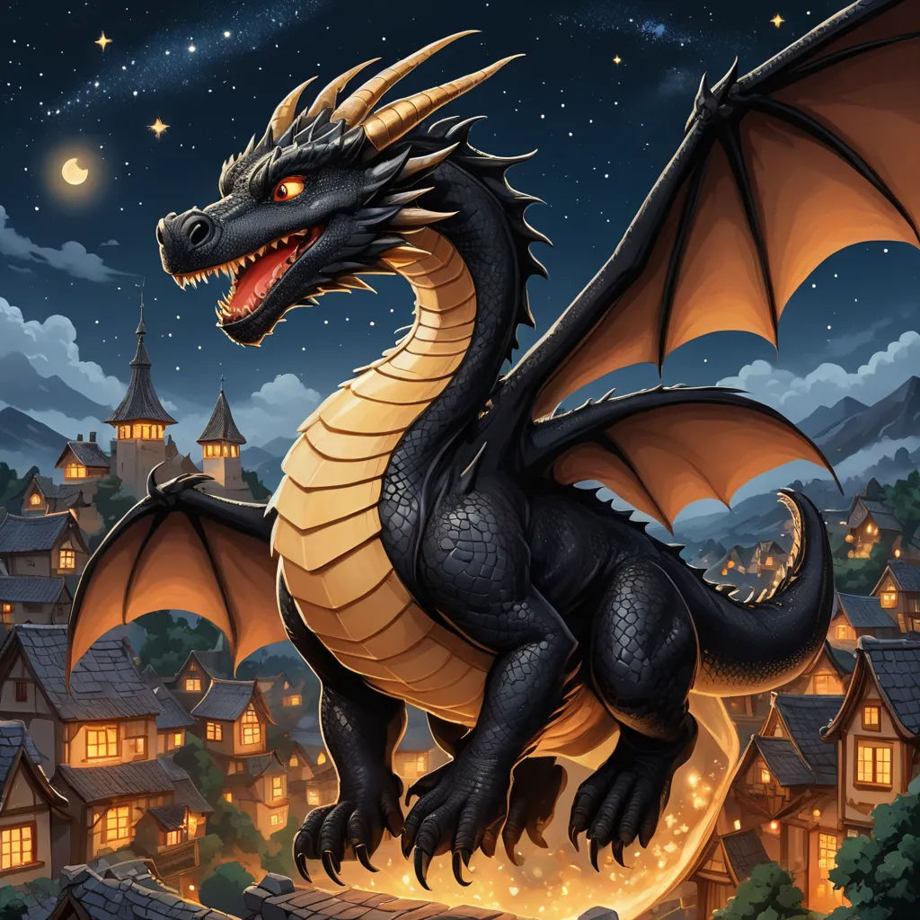 a dragon is flying over a city at night with a full moon in the sky above it and a full moon in the sky above it, fantasy art, a storybook illustration, Anne Stokes, dragon art