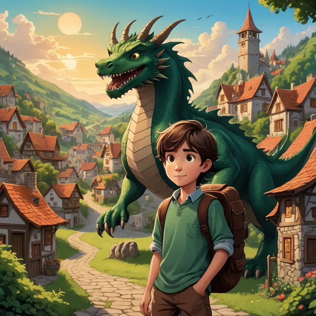 a boy is standing in front of a dragon on a village street with a backpack on his shoulder and a green dragon on his shoulder, fantasy art, a storybook illustration, Diego Gisbert Llorens, storybook illustration
